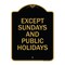 Signmission Except Sundays & Holidays Supplementary Sign, Black & Gold Alum Sign, 24" L, 18" H, BG-1824-24059 A-DES-BG-1824-24059 - alternate 1
